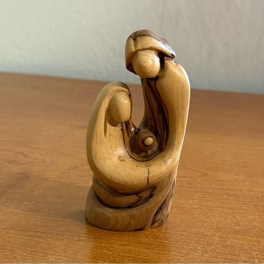 Vintage hand carved olive wood, holy family statue